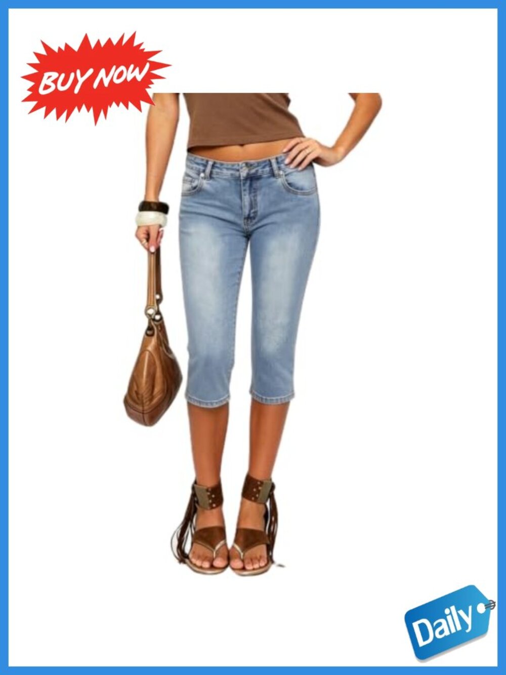 Women's Y2K Low Rise Capri Jeans Stretchy Knee-Length Denim Pants Split Hem